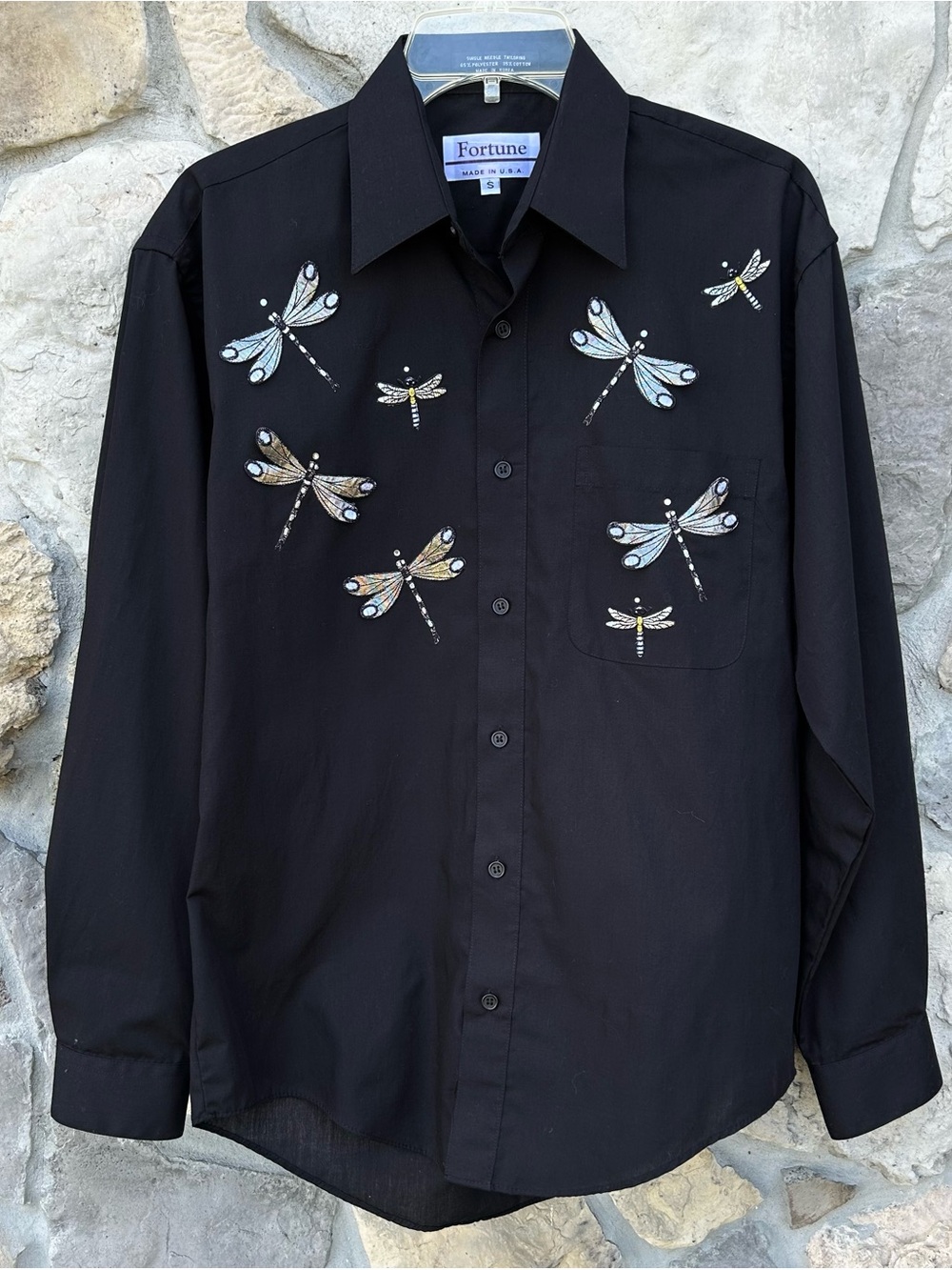 Vintage Dragonfly Shirt Size S Black Button Up 3D Embroidered Whimsy Statement